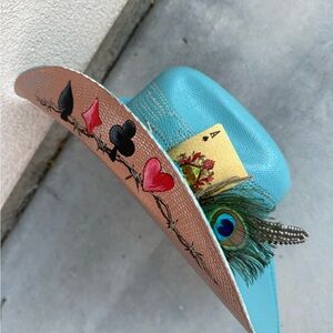 Blue and gold straw cowboy hat gambler poker hat rodeo queen rancher western hat